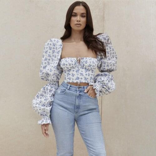 2020 style ladies sexy crop tops t-shirts princess sleeves floral printed long puff sleeve short top women early autumn new