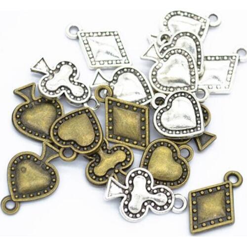 40Sets/lot(4 different pcs in one set) Vintage Silver/Antique Bronze Retro Alloy Poker Card Charms Jewelry Pendant