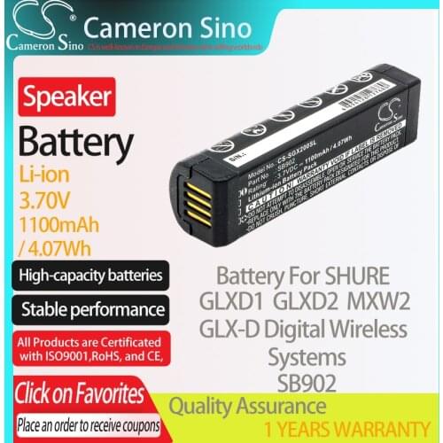 CameronSino Battery for SHURE GLXD1 GLXD2 GLX-D Digital Wireless Systems MXW2 fits SHURE SB902 Speaker Battery 1100mAh 3.70V