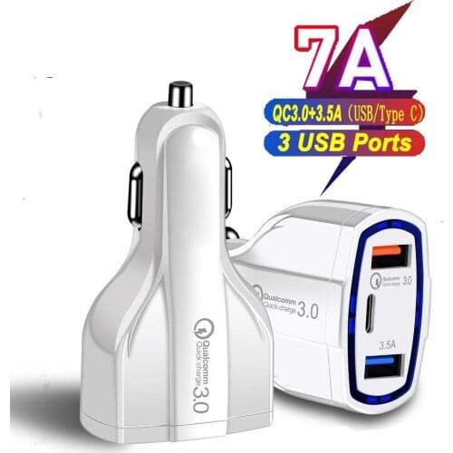 Type C+Dual USB Car USB Charger QC3.0 Fast Charge Phone Adapter 5V 35W For iPhone 12 11 iPad Airpods Samsung Xiaomi Huawei