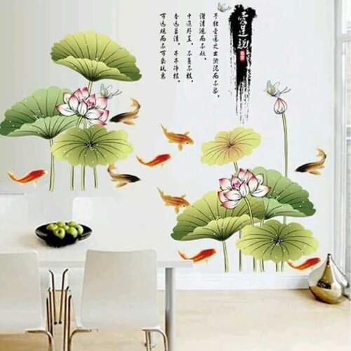 DIY Large Wall Stickers Lotus Leaves Flowers Fish Living Room Bedroom Home Decor Sofa TV Backdrop Decals Wallpaper