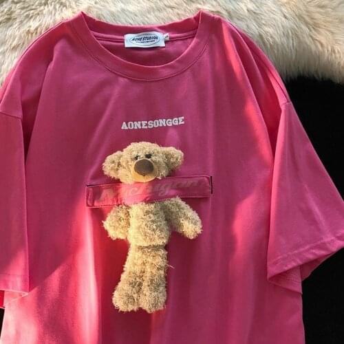 Womens T-shirt Harajuku girl doll bear top O-neck short-sleeved loose summer T-shirt solid color T-shirt for women doll playable