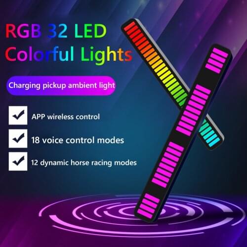 Voice-Activated Type-C APP Control RGB Stereo Music 32LED Light Audio Level Indicator Amplifier for Car Player Atmosphere Lamps