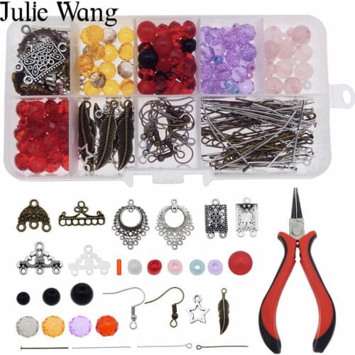 Julie Wang 1 Box Stone Beads Ear Hook Jump Rings Chain Pliers Bohemia Tassel Drop Earring Making Jewelry Accessory Tool Set