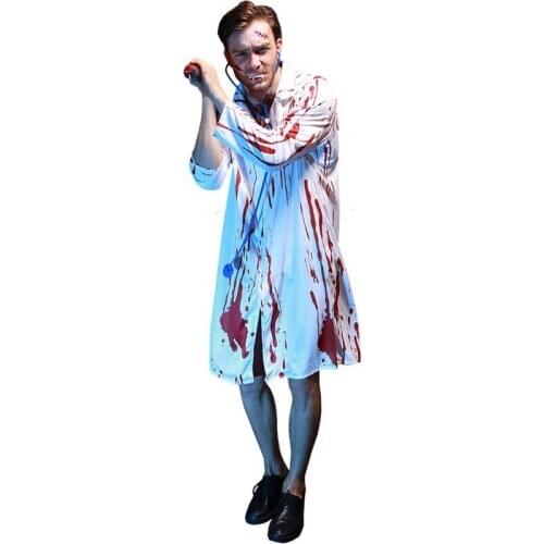 Adult Men Halloween Scary Bloody Print Lab Surgeon Doctor Zombie Costume Horror Walking Dead Cos White Coat Outfit For Male