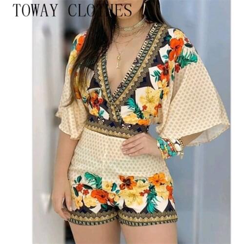 Summer Women Deep V Neck Floral Zebra Print Half Sleeve Romper Casual Playsuits Casual One Piece Overalls