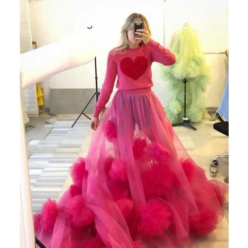 Fashion Red See Through Tulle Woman Skirt Long 3D Ball-Flowers Chic Maxi Tutu Skirts for Photo Shoots Unique Prom Party Wear