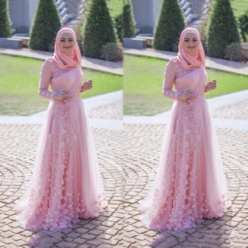 Muslim Evening Dress A line Pink Tulle Flowers Women Formal Gowns Long Sleeves Floor Length Dress for Wedding Party