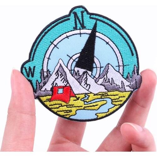 Camping Life Embroidery Patch Outdoor Compass Trave Adventure Badge Natural Mountain Iron On Fusible Patches On Clothes Stripes