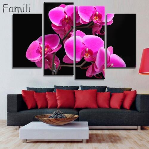 4pcs Hot Sell Modern Painting Purple Orchid Home Decor Canvas Painting Flowers Wall Pictures For Living Room Modular Pictures
