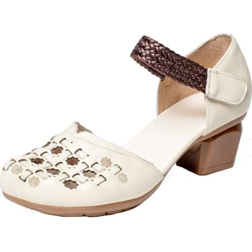 2021 spring/summer new clan style retro leather hand woven hollow Velcro chunky heel women shoes chunky single shoes