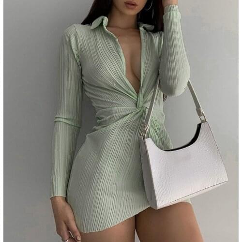 Echoine Autumn Long Sleeve V-neck Pleated Stacked Mini Dress Party Club Outfits Vintage Vestidos Elegant Bodycon Autumn Dresses