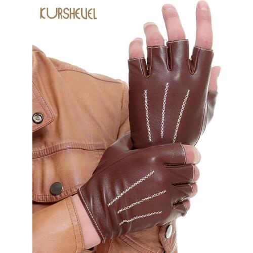 Unisex Half Finger 3 Ribs Sheepskin Leather Gloves Men Women Finger-less Leather Motorcycle Gloves Driving Outdoor Sports AGD015