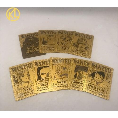 9.6x7.1CM 9 Designs One Piece Wanted Posters Japam Anime Gold Foil Cards Luffy Zoro Sanji Nami Chopper Collectible Gifts