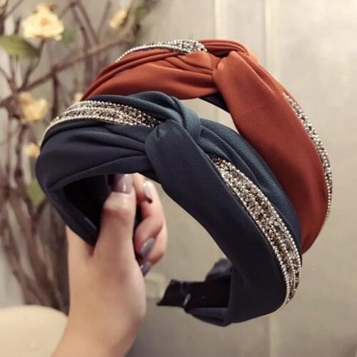 Q Crystal Cloth Knot Hoop Headband Luxury Bezel Hair Accessries Women Solid Color Headbands Hairbands Girls Wide Side Headdress