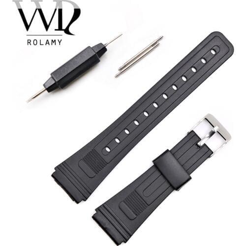 Rolamy 20mm Watch Band Strap Silicone Rubber Men Lady Black Replacement Straight End Loop Silver Polished Pin Buckle Watchband