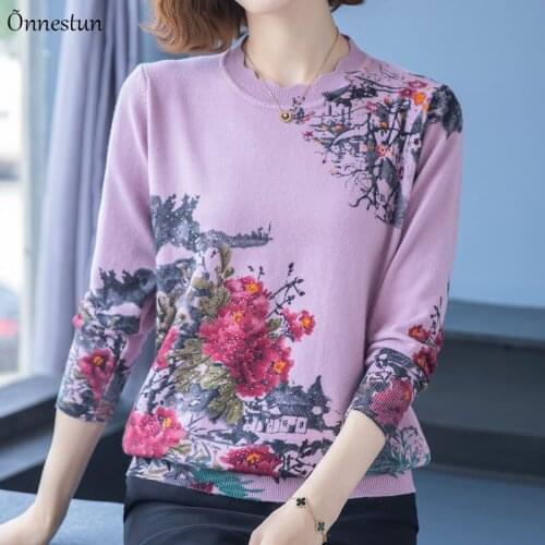 Floral Print Sweater Women Autumn Spring Knitted Pullovers Chinese Style Long Sleeve Top Pull Femme Soft Womens Sweaters