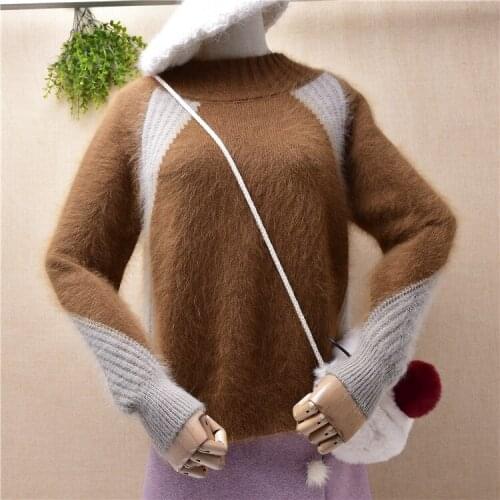 Ladies women fashion colored hairy angora rabbit fur knitwear slit tail slim blouses pullover autumn winter bottoming jumper top