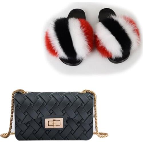 Women Fluffy Furry Slides Set-Handbag Ladies Furry Real Fox Fur Slippers Colorful Jelly Shoulder Bag Shoes Sets Crossbody Purse