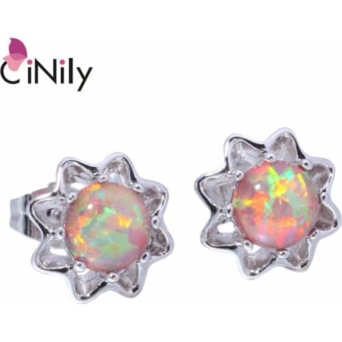 CiNily Created Orange White Pink Blue Fire Opal Silver Plated Wholesale for Women Jewelry Stud Earrings 11mm OH2751-54