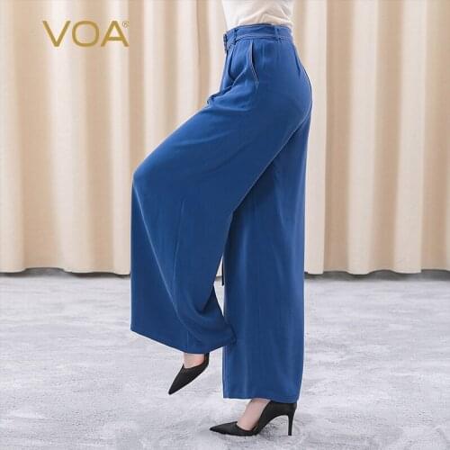 VOA 30m/m Silk Sea Blue Natural Waist Trousers KE239 Metal Buckle Belt Tucker Line Wide Leg Women Bottoms Pants Spring 2021