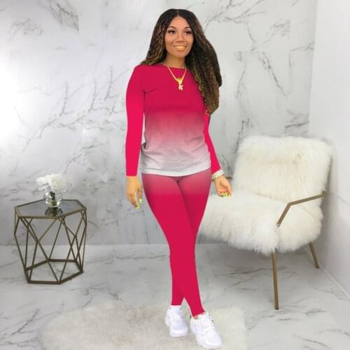 Gradient Color Long Sleeve Woman Autumn Novel Homme Sets O Neck Tops+Pencil Pants Soft Elastic Fabric Female Home Clothing