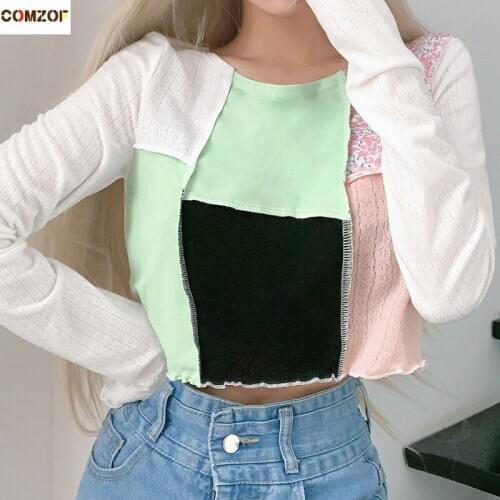 High quality women long sleeve crop top t shirt patchwork pullover 2020 autumn woman tshirts femme ropa de mujer