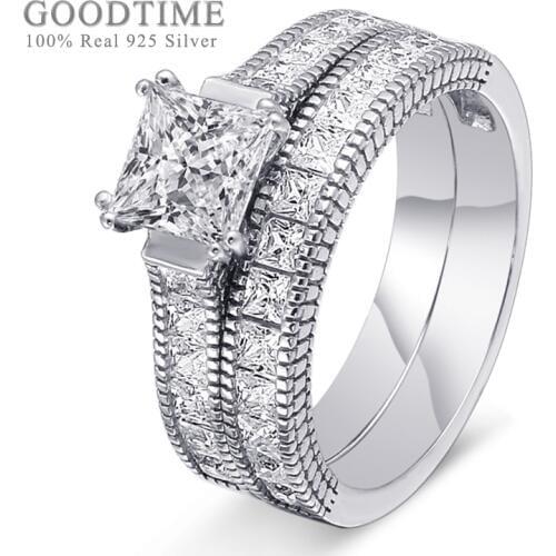 Luxury Women Ring 925 Sterling Silver Wedding Bride Ring Princess Zircon Rhinestone Engagement Ring Set Jewelry Gift