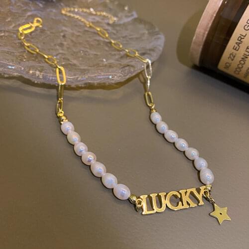 Fashion Letter Lucky Pendants Necklace Women Vintage French Romantic Style Freshwater Pearls Clavicle Chain Trend Splice Jewelry