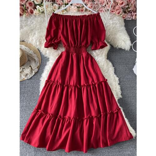 Vintage Slash Neck Midi Dress Women Sexy Off Shoulder Short Sleeve High Waist Ruffle Vestidos Female Summer 2021 New Fashion