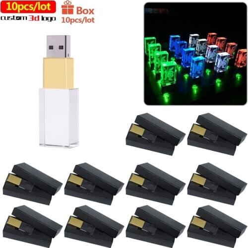 10pcs/lot USB flash drive pendrive free logo USB 2.0 4GB 8GB 16GB 32GB 64GB transparent glassphotography gift with LED light