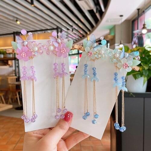 2 pcs Butterfly Flower Hair Clips Long Tassel Hair Clips Hanfu Gril Hair Acceaaory Handmade Hair Clip
