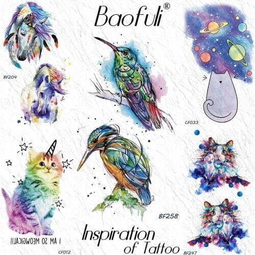 Watercolor Hummingbird Tattoo Temporary Unicorn Painting Tatoo Stickers Men Women Fun Cat Henna Body Art Waterproof Tattoo Paste