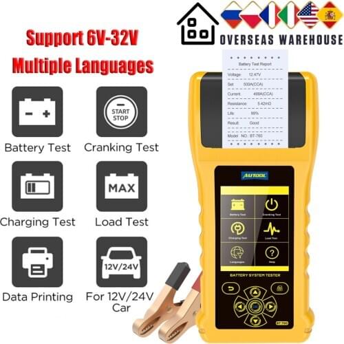 AUTOOL BT760 Car Battery Tester with Thermal Printer 12v 24V 36V Battery Cranking \ Charging \ Max Load Test Diagnostic Tool