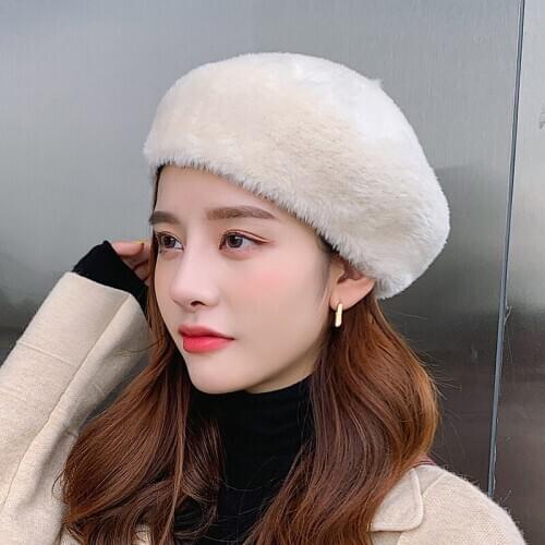 Womens Faux Fur French Berets Hats Solid Color Beret Caps Girls