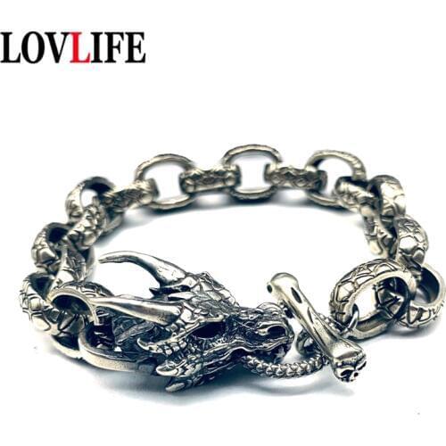 Vintage Brass Beast Chain Bracelet Dragon Scale Pattern Locomotive Trendy Punk Men Cuff Bracelet Jewelry Pure Copper Dragon Head