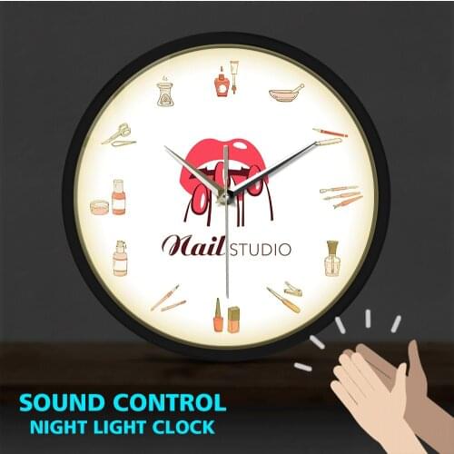 Nail Polish Bottles and Equipments Metal Frame Luminous Wall Clocks Sound Activated Beauty Salon Nail Studio Manicure Watch
