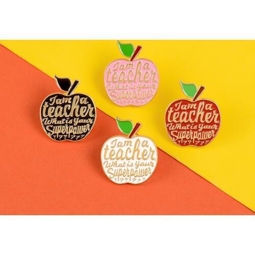 Teacher enamel pins Quote I am a teacher badges brooches Pink red Apple Lapel pin badges Fruit plant jewelry gifts idea