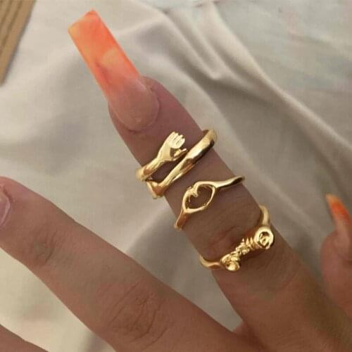 Creative Ring 3pcs/Set Fingers Hip Pop For Women Vintage Geometric Heart Hug Gold Color Chain Knuckle Joint Rings Jewelry Gift