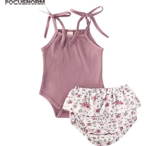 FOCUSNORM 0-24M Kids Girls Clothes Sets Solid Knit Sleeveless Romper Flowers Ruffers Shorts Headband