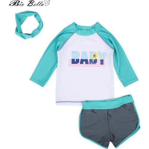 Baby Girls Swimwear Long Sleeve Sunscreen Surfing Swimable Kids Girl Swimsuit Tops+Pants+Headband 3Pcs Cute Children Bathwear