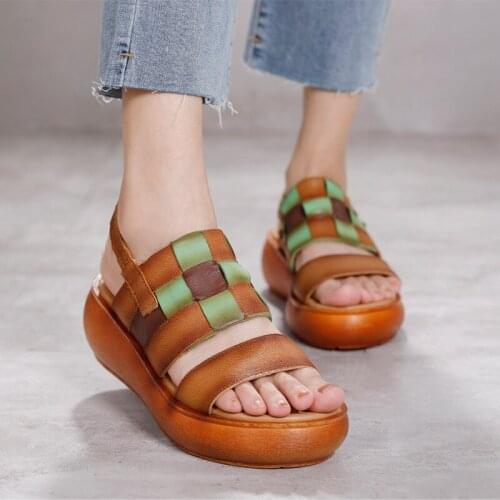 Lady Mixed Colors Flat Shoes Genuine Leather Elastic Band Women Sandals 2021 New Retro Handmade Concise Wedges Platform Sandals