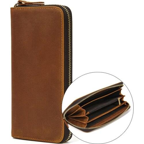 Men Crazy Horse Leather Long Wallet Brown Real leather Trifold Clutch Bag Zipper Purse Phone Pocket and Coin Pocket Male Wallets