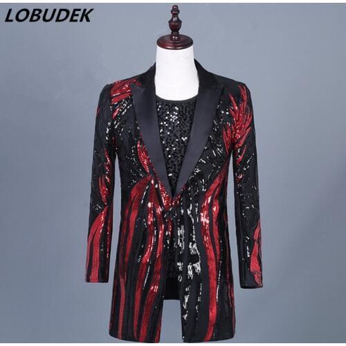 Fashion High Quality Red Black Sequins Long Coat Mens Formal Suit Jackets Evening Party Stage Performance Singer Host Costume