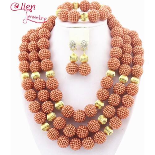 African Brown Beads Balls Necklace Set New Traditional Wedding Nigerian Ball Beads Jewelry Set Free Shipping W13217