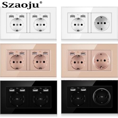 Szaoju Wall USB Power Socket Double frame usb Outlet EU Standard 16A Quality power panel AC 110~250V 146mm * 86mm Double Outlet
