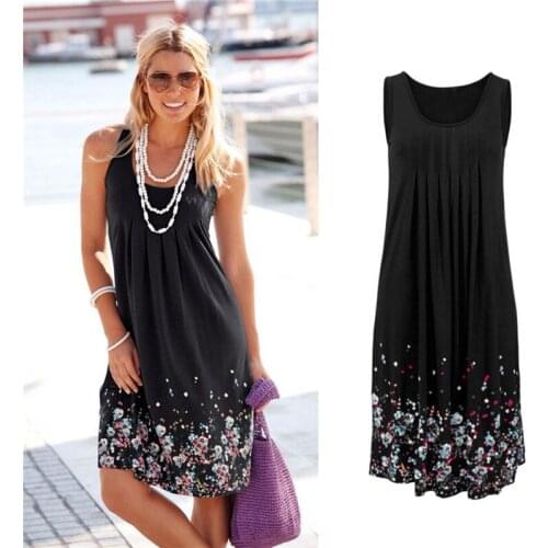 New Beach Casual Mini Dress Women Flower Print Sleeveless Black Dresses Ladies Bohemian O-Neck Summer Loose Dress Plus Size 5XL