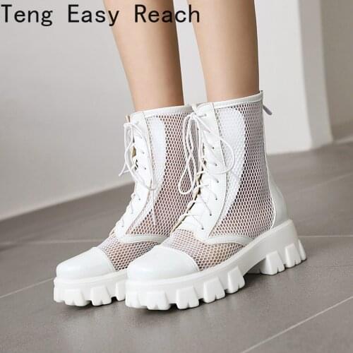 2021New Spring and summer Ankle Boots Woman Lace up Shoes white Net yarn Platform Leather Chunky Heels Boots Fashion Botas Mujer