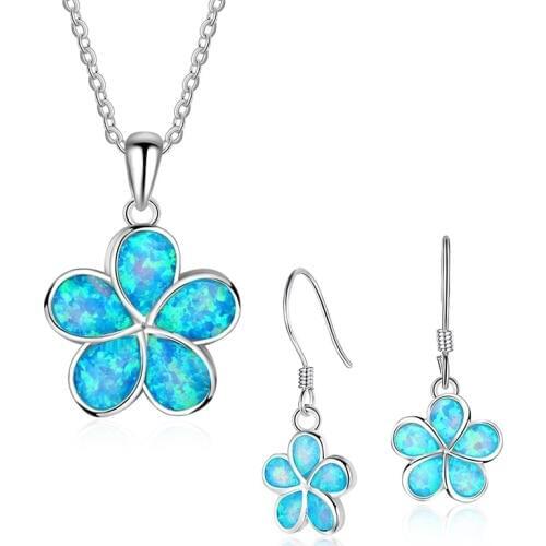 Cute Women Flower Blue Imitation Fire Opal Necklace With Earrings For Women Accessories Fashion Jewelry Set Lover Gift