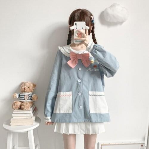Japanese Kawaii Bunny Ear Navy Collar Long Sleeve Coat For Teen Girls Autumn Casual Cute Bear Embroidery Bowknot Button Coat